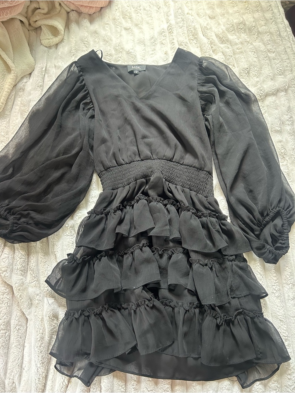 MSK Black Tiered Ruffle V-Neck Dress with Sheer Puff Sleeves